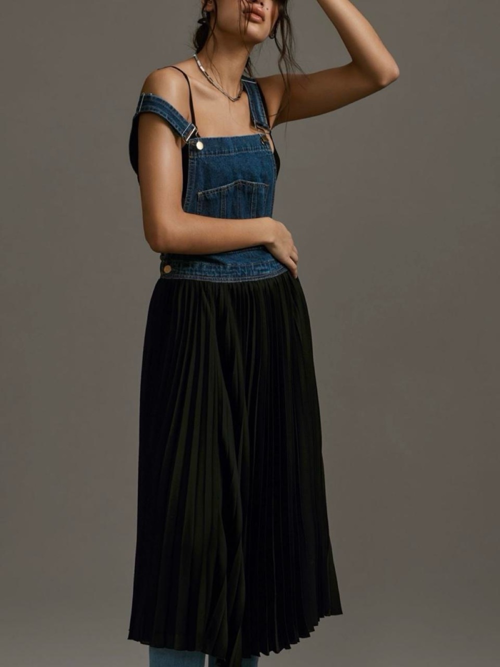 Porridge Pleated Denim Overall Dress